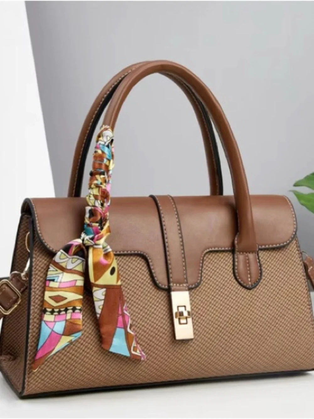 Women’s Brown Top-Handle Satchel Bag with Scarf Accent